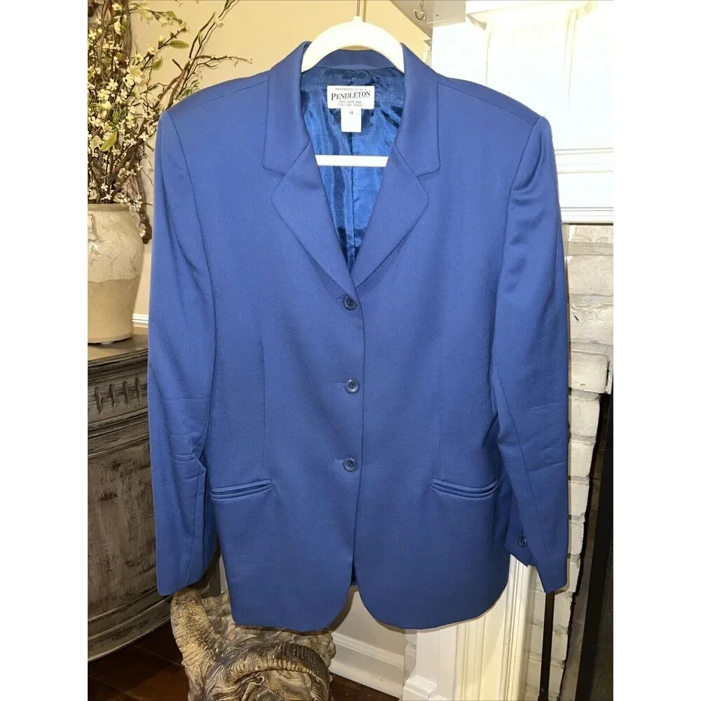 Vintage PENDLETON Women's Blue Virgin Wool Jacket Suit BLAZER Size 14 EUC